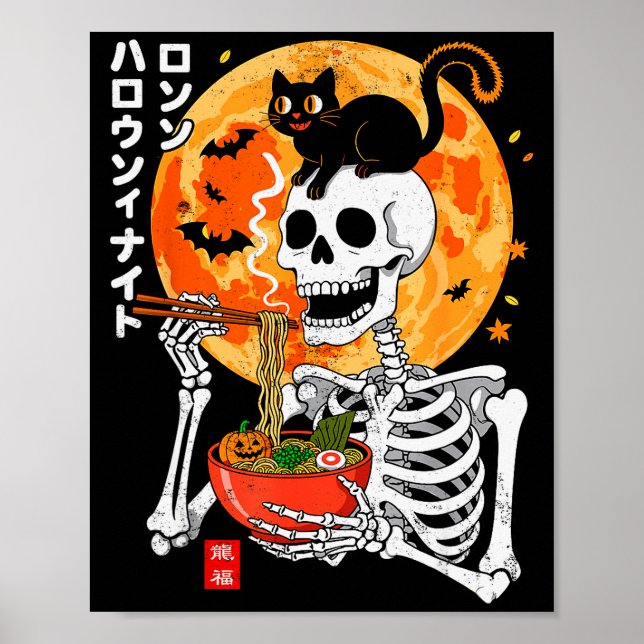 Soky Skeleton Eating Ramen Bowl With Cat Halloween Poster (Front)