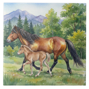 Sola Icelandic Horse and Foal in Mountain Meadow Tile