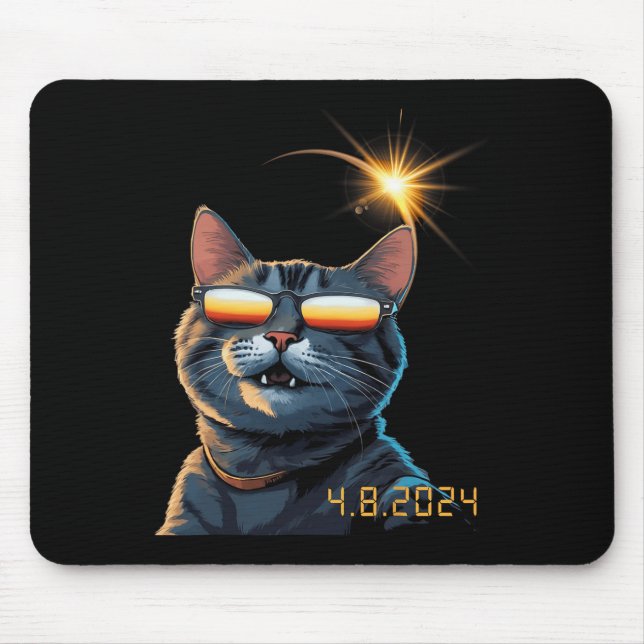 Solar 2024 Eclipse Cat Wearing Eclipse Glasses 1  Mouse Pad (Front)