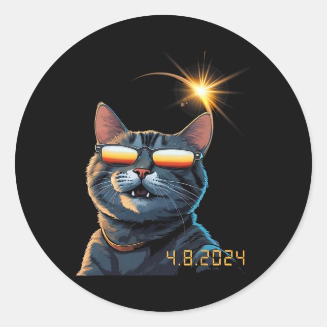 Solar 2024 Eclipse Cat Wearing Eclipse Glasses  Classic Round Sticker (Front)