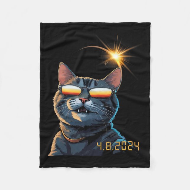 Solar 2024 Eclipse Cat Wearing Eclipse Glasses  Fleece Blanket (Front)