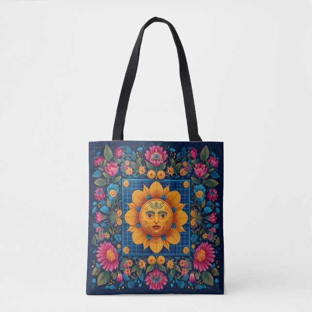 Solar Bloom - Folk Art Solarpunk Tote Bag (Front)