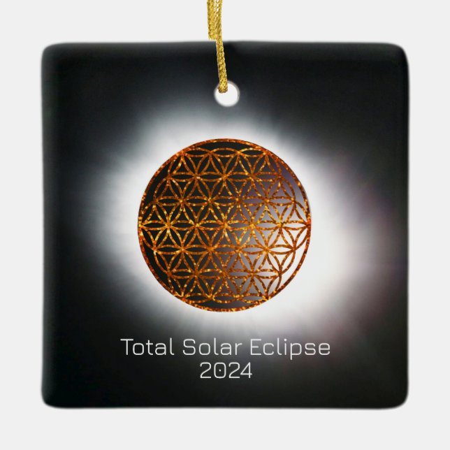 Solar Eclipse 2024 Gold Sparkling Flower of Life Ceramic Ornament (Front)