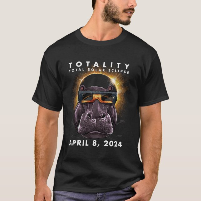 Solar Eclipse 2024 Hippo Wearing Eclipse Glasses  T-Shirt (Front)