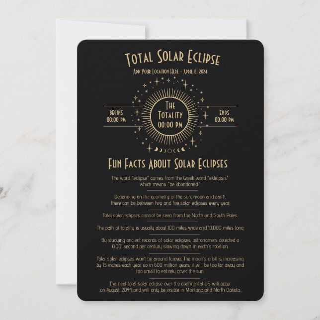 Solar Eclipse Celestial Stars Black Fun Facts Card (Front)
