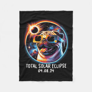 Solar Eclipse Pug Wearing Glasses Pet April 8 2024 Fleece Blanket