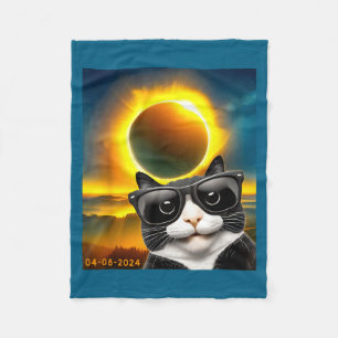 Solar Eclipse Totality Tuxedo Cat Illustration Fleece Blanket