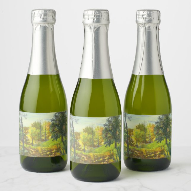 Solar fall  painting watercolor sparkling wine label (Bottles)