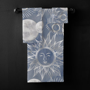 Solar Mystique Dusty Blue Silver Moon Stars Sun Bath Towel Set