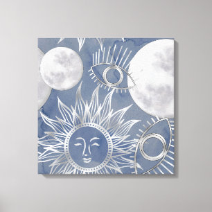 Solar Mystique Dusty Blue Silver Moon Stars Sun Canvas Print