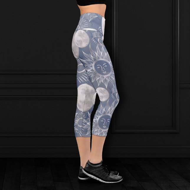 Solar Mystique | Dusty Blue Silver Moon Stars Sun Capri Leggings (Creator Uploaded)