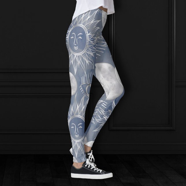 Solar Mystique | Dusty Blue Silver Moon Stars Sun Leggings (Creator Uploaded)