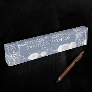Solar Mystique Dusty Blue Silver Moon Stars Sun Nameplate