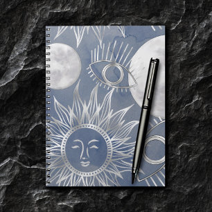 Solar Mystique   Dusty Blue Silver Moon Stars Sun Notebook