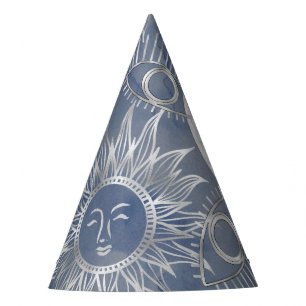 Solar Mystique Dusty Blue Silver Moon Stars Sun Party Hat