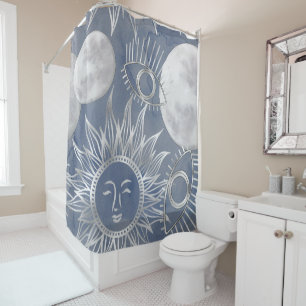 Solar Mystique   Dusty Blue Silver Moon Stars Sun Shower Curtain
