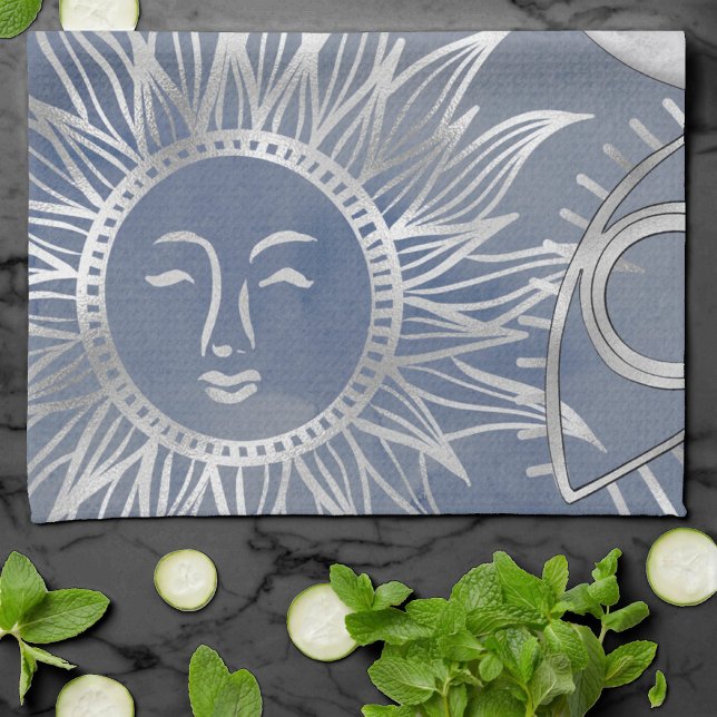 Solar Mystique | Dusty Blue Silver Moon Stars Sun Tea Towel (Creator Uploaded)