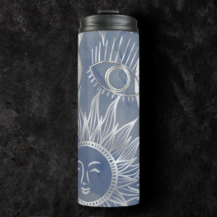 Solar Mystique Dusty Blue Silver Moon Stars Sun Thermal Tumbler