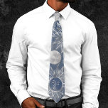 Solar Mystique | Dusty Blue Silver Moon Stars Sun Tie<br><div class="desc">Modern silver celestial sun,  moon,  stars,  and mystical glyphs are offset by a mottled watercolor muted background. This fun novelty seamless pattern features a dynamic unisex (yet feminine) abstract gradient that adds perfect pop of colour. For customisations or other colours,  please visit JustFharryn @zazzle.com #bohochic #zazzlemade</div>