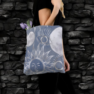 Solar Mystique   Dusty Blue Silver Moon Stars Sun Tote Bag
