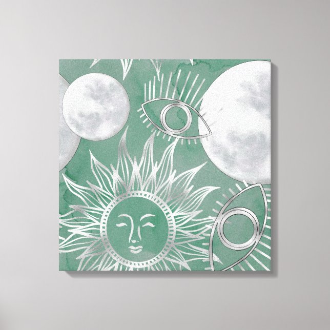 Solar Mystique | Dusty Green Silver Moon Stars Sun Canvas Print (Front)