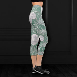 Solar Mystique   Dusty Green Silver Moon Stars Sun Capri Leggings