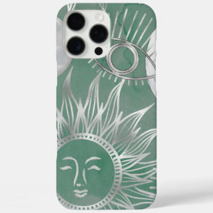 Solar Mystique   Dusty Green Silver Moon Stars Sun iPhone 16 Pro Max Case