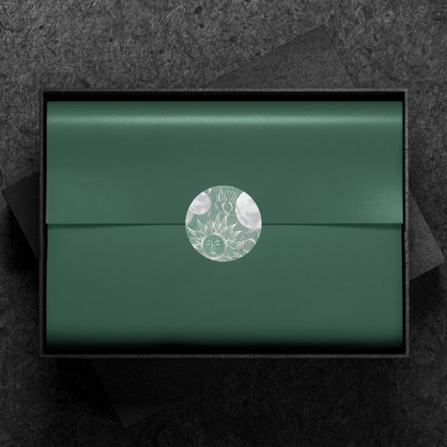Solar Mystique | Dusty Green Silver Moon Stars Sun Classic Round Sticker (Creator Uploaded)