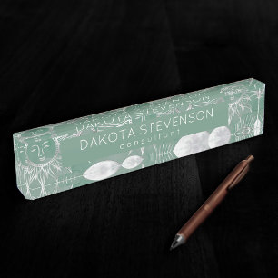 Solar Mystique   Dusty Green Silver Moon Stars Sun Nameplate