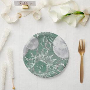 Solar Mystique Dusty Green Silver Moon Stars Sun Paper Plate