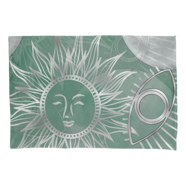 Solar Mystique | Dusty Green Silver Moon Stars Sun Pillowcase (Front)