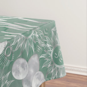 Solar Mystique   Dusty Green Silver Moon Stars Sun Tablecloth
