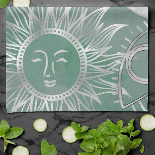 Solar Mystique Dusty Green Silver Moon Stars Sun Tea Towel