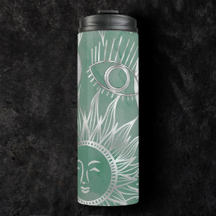 Solar Mystique Dusty Green Silver Moon Stars Sun Thermal Tumbler