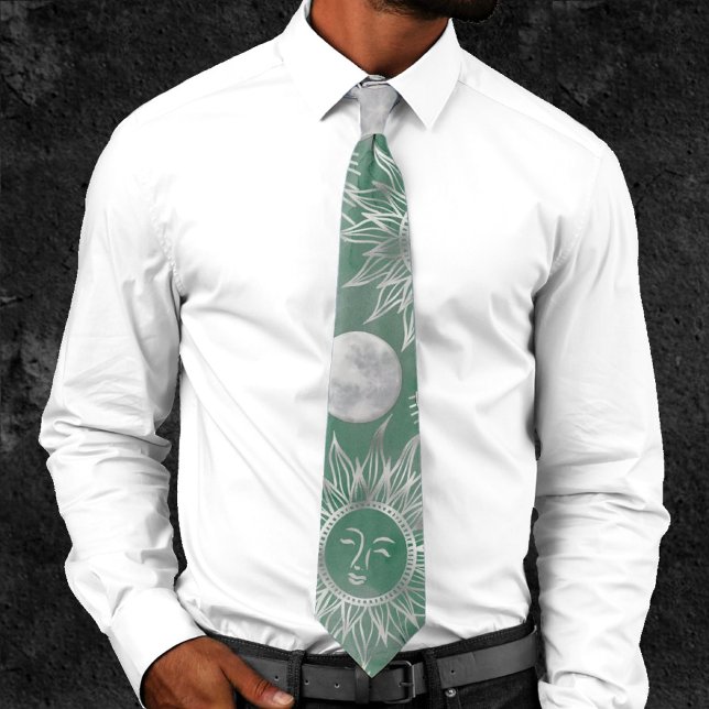 Solar Mystique | Dusty Green Silver Moon Stars Sun Tie (Creator Uploaded)