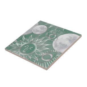 Solar Mystique   Dusty Green Silver Moon Stars Sun Tile