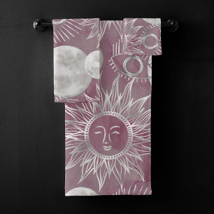 Solar Mystique   Pink Silver Moon Stars Sun Eyes Bath Towel Set