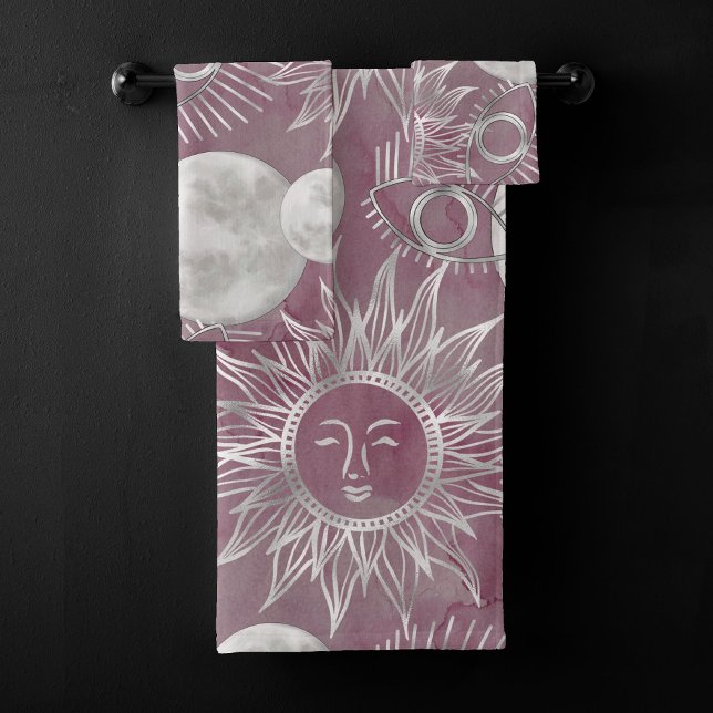 Solar Mystique | Pink Silver Moon Stars Sun Eyes Bath Towel Set (Creator Uploaded)