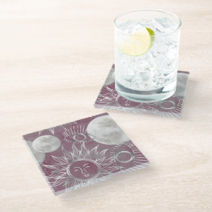 Solar Mystique Pink Silver Moon Stars Sun Eyes Glass Coaster