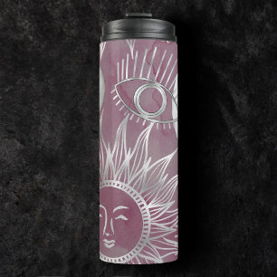 Solar Mystique   Pink Silver Moon Stars Sun Eyes Thermal Tumbler