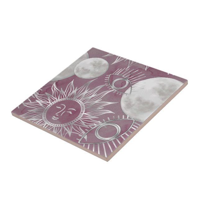 Solar Mystique | Pink Silver Moon Stars Sun Eyes Tile (Side)