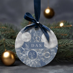 Solar Mystique   Silver Moon Stars Sun Monogram Ceramic Tree Decoration