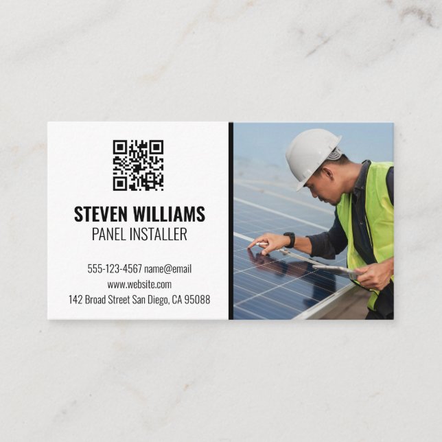 Solar Panel Engineer Inspecting | QR Code  Business Card (Front)