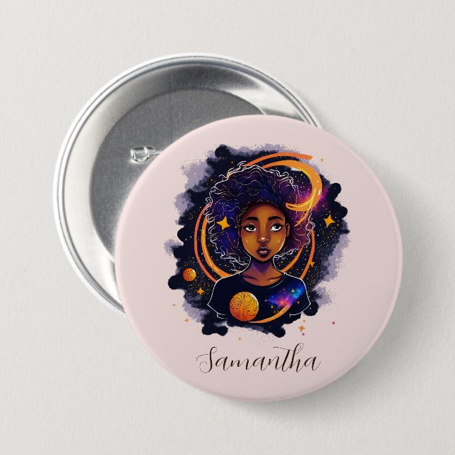 Solar System Afro Woman 7.5 Cm Round Badge (Front & Back)