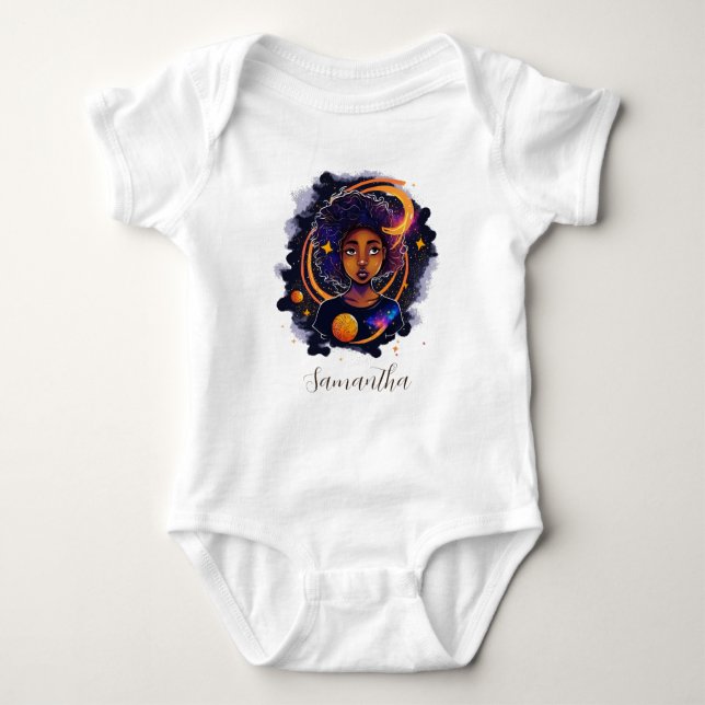 Solar System Afro Woman Baby Bodysuit (Front)