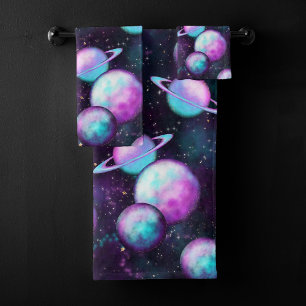Solar System Glow Cosmic Blue Purple Pink Planet Bath Towel Set