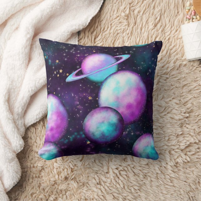 Solar System Glow | Cosmic Blue Purple Pink Planet Cushion (Blanket)
