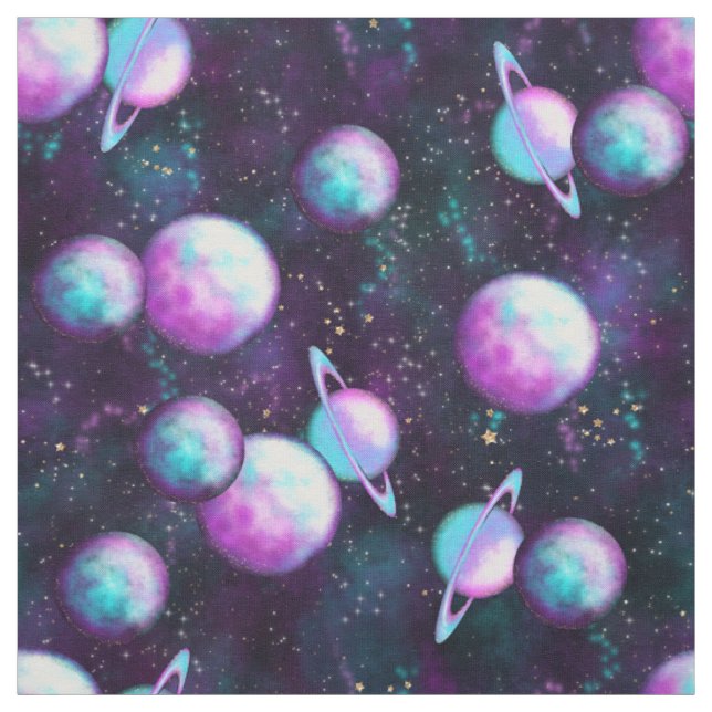 Solar System Glow | Cosmic Blue Purple Pink Planet Fabric (Swatch)