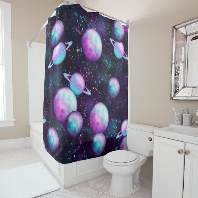 Solar System Glow | Cosmic Blue Purple Pink Planet Shower Curtain (In Situ)