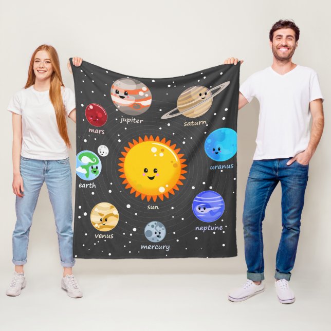 Solar system kawaii illustration sun and planets fleece blanket (In Situ)